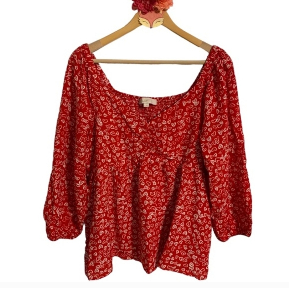 LOFT blouse red white heart smocked 3/4 sleeve sweetheart neckline top size 12